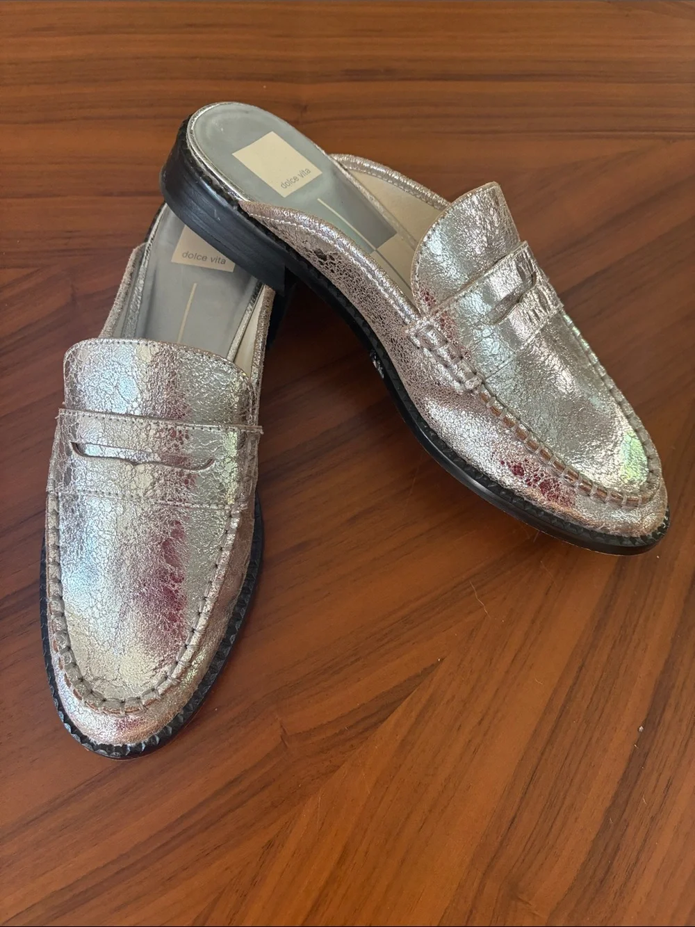 Dolce Vita Silver Cracked Metallic Penny Loafers - Picture 2 of 5